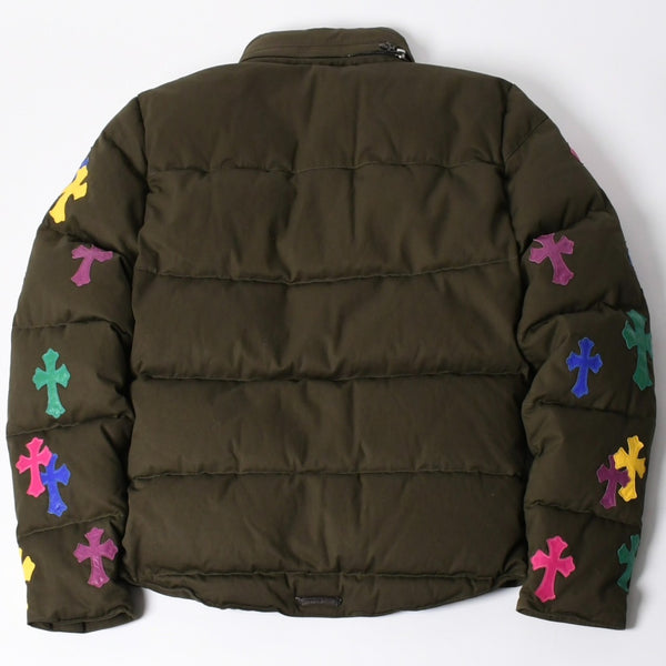 新品未使用 CHROME HEARTS クロムハーツ ダウンジャケット マルチカラークロスパッチ ダガージップ クロスボールボタン カーキ サイズM 中古 4c070379