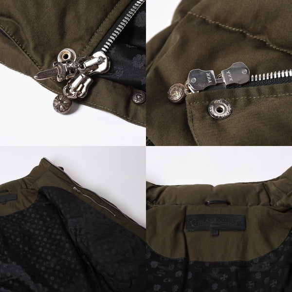 新品未使用 CHROME HEARTS クロムハーツ ダウンジャケット マルチカラークロスパッチ ダガージップ クロスボールボタン カーキ サイズM 中古 4c070379