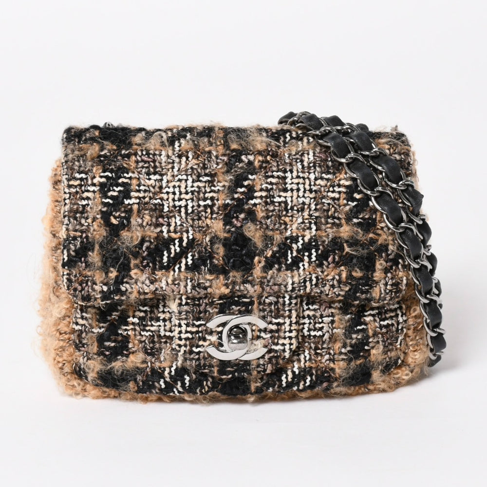 極美品 CHANEL シャネル ミニスクエアフラップショルダーバッグ 10番台 ツイード レザー ベージュ シルバー金具 中古 4a004972