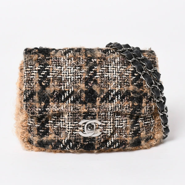 Very Good Condition CHANEL Mini Square Flap Shoulder Bag No. 10 Tweed Leather Beige Silver Hardware Used 4a004972