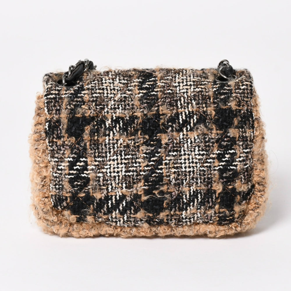 極美品 CHANEL シャネル ミニスクエアフラップショルダーバッグ 10番台 ツイード レザー ベージュ シルバー金具 中古 4a004972