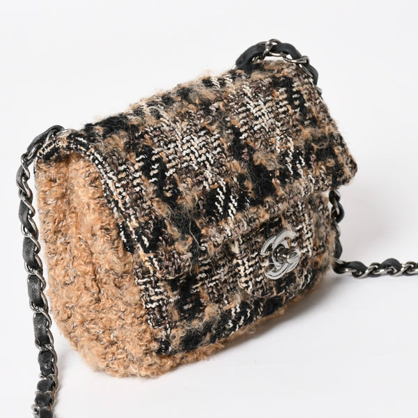 Very Good Condition CHANEL Mini Square Flap Shoulder Bag No. 10 Tweed Leather Beige Silver Hardware Used 4a004972