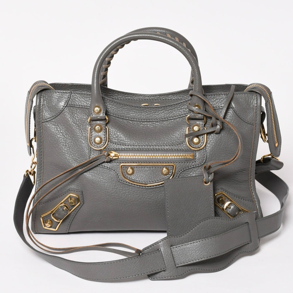 極美品 BALENCIAGA バレンシアガ メタリック エッジ シティ ハンドバッグ 2WAY 432831 レザー グレー ゴールド金具 中古 4a003516