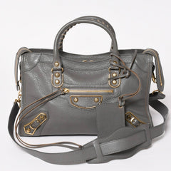 極美品 BALENCIAGA バレンシアガ メタリック エッジ シティ ハンドバッグ 2WAY 432831 レザー グレー ゴールド金具 中古 4a003516
