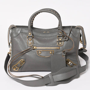 極美品 BALENCIAGA バレンシアガ メタリック エッジ シティ ハンドバッグ 2WAY 432831 レザー グレー ゴールド金具 中古 4a003516