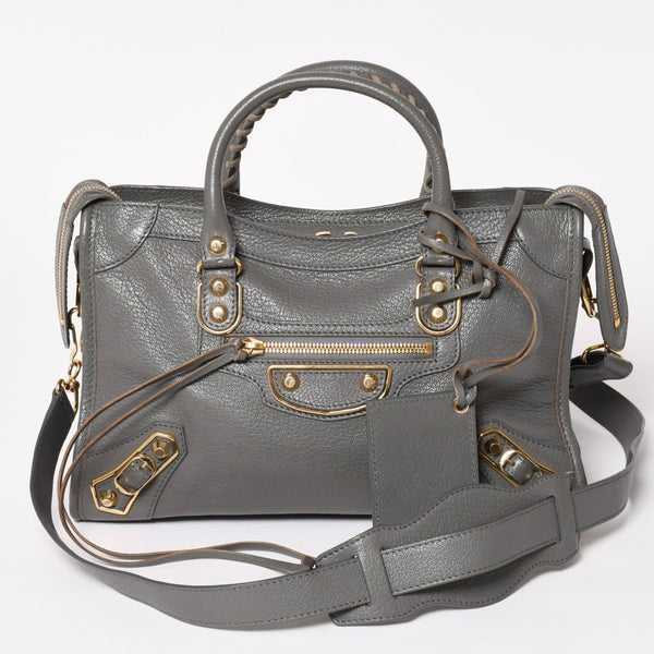 極美品 BALENCIAGA バレンシアガ メタリック エッジ シティ ハンドバッグ 2WAY 432831 レザー グレー ゴールド金具 中古 4a003516