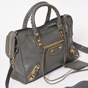 極美品 BALENCIAGA バレンシアガ メタリック エッジ シティ ハンドバッグ 2WAY 432831 レザー グレー ゴールド金具 中古 4a003516
