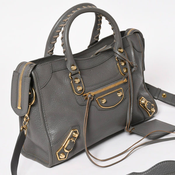 極美品 BALENCIAGA バレンシアガ メタリック エッジ シティ ハンドバッグ 2WAY 432831 レザー グレー ゴールド金具 中古 4a003516