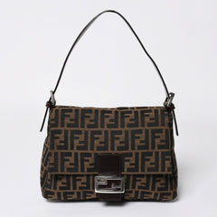 極美品 FENDI フェンディ ズッカ柄 マンマバケット ショルダーバッグ キャンバス レザー ブラウン FFバックル シルバー金具 中古 4a008322