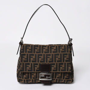 極美品 FENDI フェンディ ズッカ柄 マンマバケット ショルダーバッグ キャンバス レザー ブラウン FFバックル シルバー金具 中古 4a008322