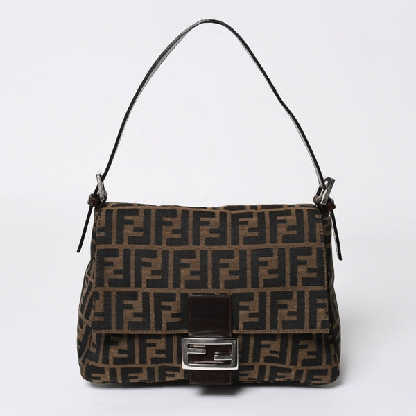 極美品 FENDI フェンディ ズッカ柄 マンマバケット ショルダーバッグ キャンバス レザー ブラウン FFバックル シルバー金具 中古 4a008322