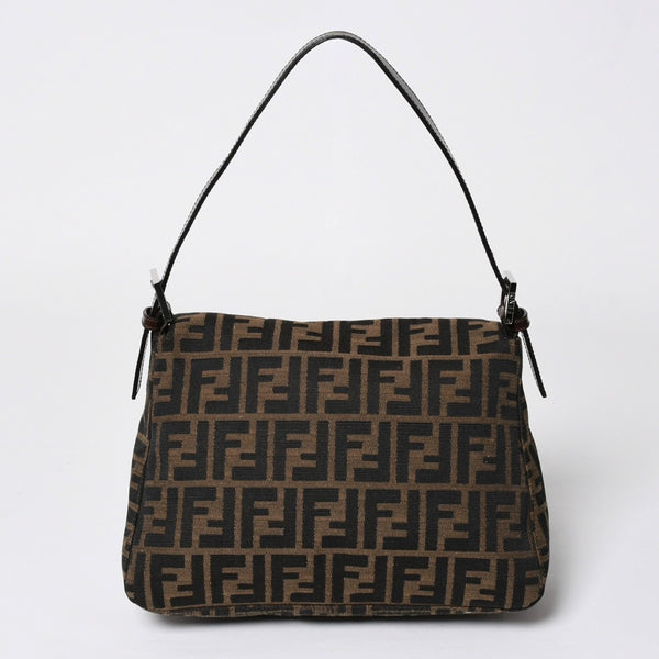 極美品 FENDI フェンディ ズッカ柄 マンマバケット ショルダーバッグ キャンバス レザー ブラウン FFバックル シルバー金具 中古 4a008322