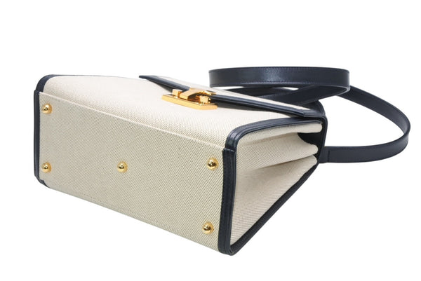 TIFFANY&Co. ティファニー 2WAYバッグ キャンバス レザー ネイビー ベージュ ゴールド金具 イタリア製 美品 中古 4b012442