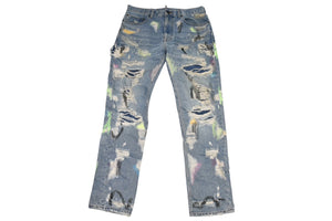 極美品 Endless Denim エンドレスデニム エンブロイダリーアンドデストロイデニムパンツ インディゴ ネオングリーン サイズ34 中古 4b013183