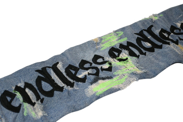 極美品 Endless Denim エンドレスデニム エンブロイダリーアンドデストロイデニムパンツ インディゴ ネオングリーン サイズ34 中古 4b013183