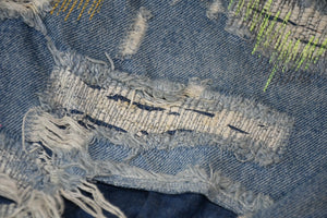 極美品 Endless Denim エンドレスデニム エンブロイダリーアンドデストロイデニムパンツ インディゴ ネオングリーン サイズ34 中古 4b013183
