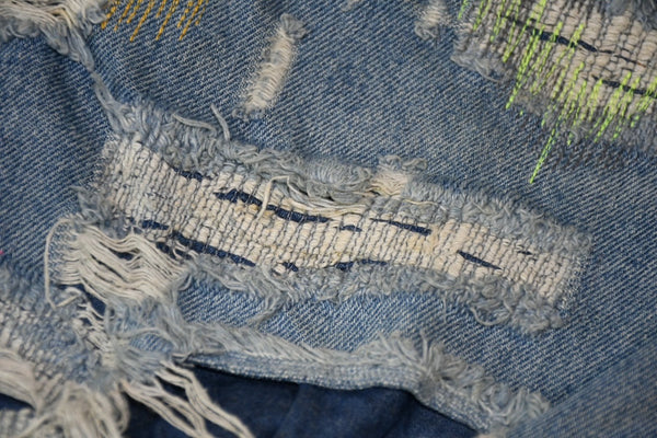 極美品 Endless Denim エンドレスデニム エンブロイダリーアンドデストロイデニムパンツ インディゴ ネオングリーン サイズ34 中古 4b013183