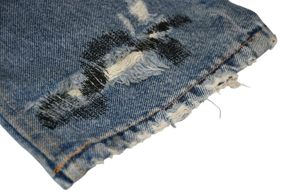 極美品 Endless Denim エンドレスデニム エンブロイダリーアンドデストロイデニムパンツ インディゴ ネオングリーン サイズ34 中古 4b013183