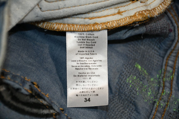 極美品 Endless Denim エンドレスデニム エンブロイダリーアンドデストロイデニムパンツ インディゴ ネオングリーン サイズ34 中古 4b013183
