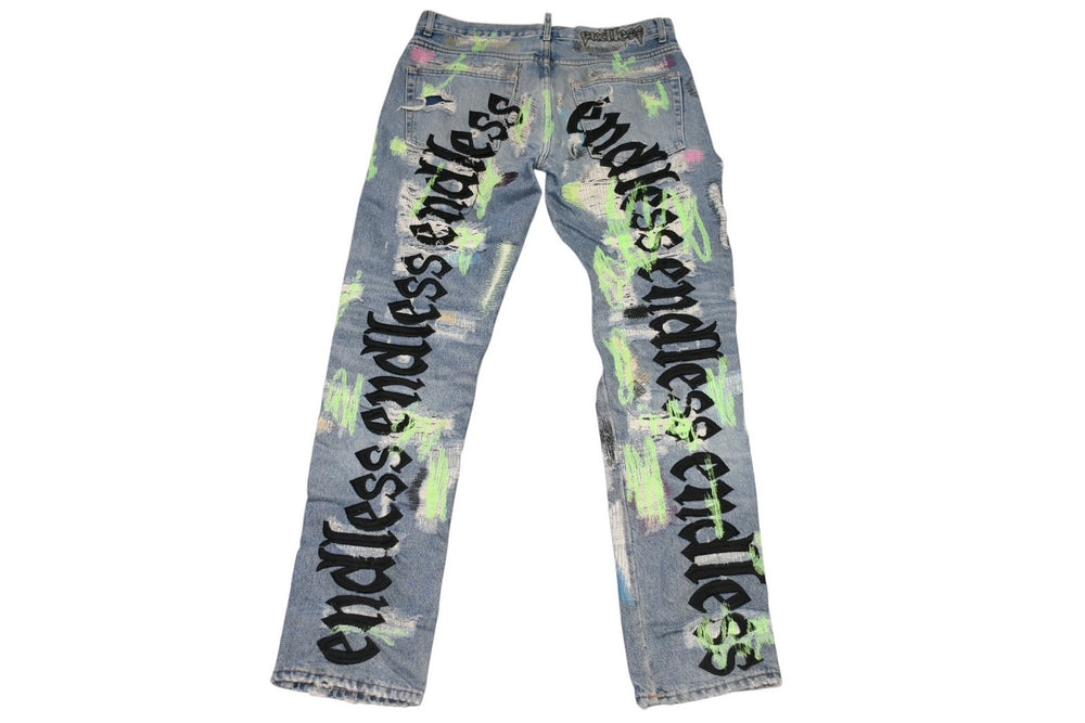 極美品 Endless Denim エンドレスデニム エンブロイダリーアンドデストロイデニムパンツ インディゴ ネオングリーン サイズ34 中古 4b013183
