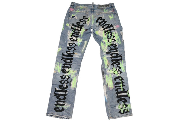 極美品 Endless Denim エンドレスデニム エンブロイダリーアンドデストロイデニムパンツ インディゴ ネオングリーン サイズ34 中古 4b013183