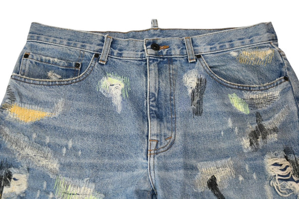 極美品 Endless Denim エンドレスデニム エンブロイダリーアンドデストロイデニムパンツ インディゴ ネオングリーン サイズ34 中古 4b013183