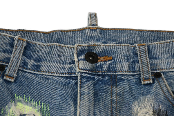 極美品 Endless Denim エンドレスデニム エンブロイダリーアンドデストロイデニムパンツ インディゴ ネオングリーン サイズ34 中古 4b013183