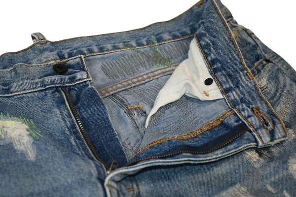極美品 Endless Denim エンドレスデニム エンブロイダリーアンドデストロイデニムパンツ インディゴ ネオングリーン サイズ34 中古 4b013183