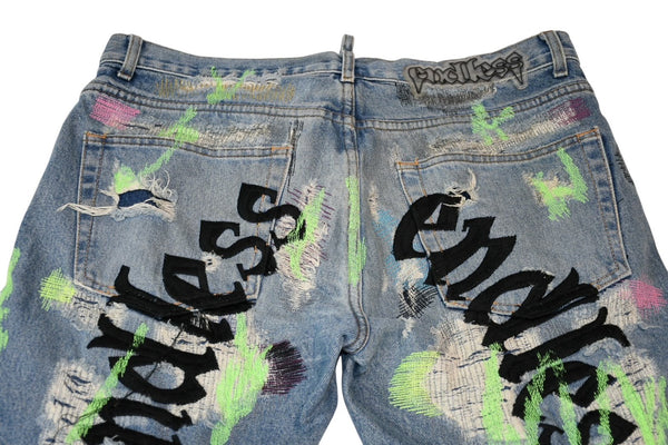 極美品 Endless Denim エンドレスデニム エンブロイダリーアンドデストロイデニムパンツ インディゴ ネオングリーン サイズ34 中古 4b013183
