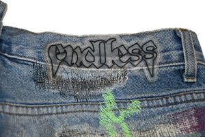 極美品 Endless Denim エンドレスデニム エンブロイダリーアンドデストロイデニムパンツ インディゴ ネオングリーン サイズ34 中古 4b013183