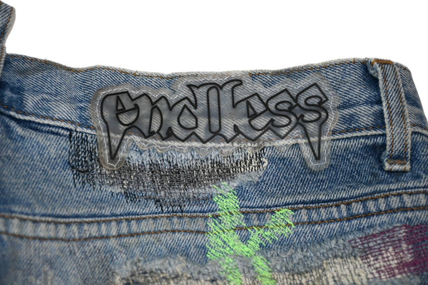 極美品 Endless Denim エンドレスデニム エンブロイダリーアンドデストロイデニムパンツ インディゴ ネオングリーン サイズ34 中古 4b013183