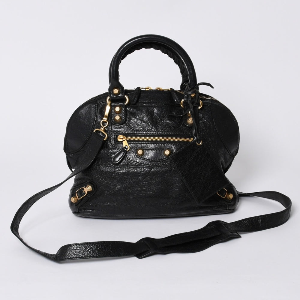 BALENCIAGA バレンシアガ クラシック ボーリングバッグ 2WAY ショルダーバッグ 390154 ネイビー ゴールド金具 美品 中古 4a000041