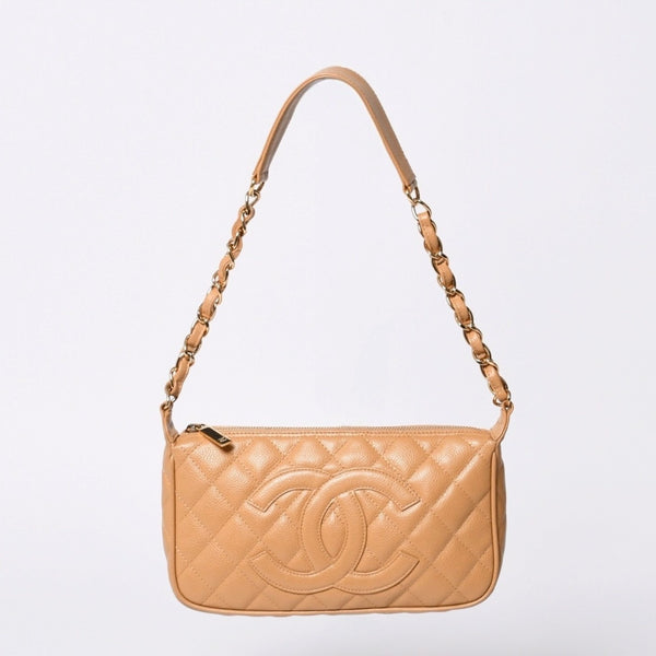 Like new CHANEL Moon Viewing One Shoulder Bag Pouch Caviar Skin No. 9 Beige Used 4a000151