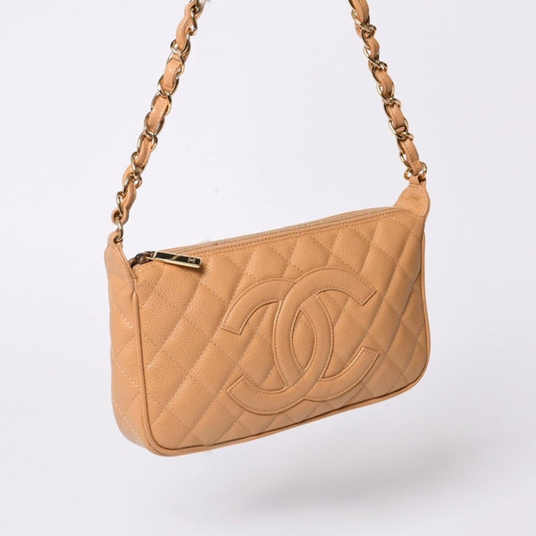 Like new CHANEL Moon Viewing One Shoulder Bag Pouch Caviar Skin No. 9 Beige Used 4a000151