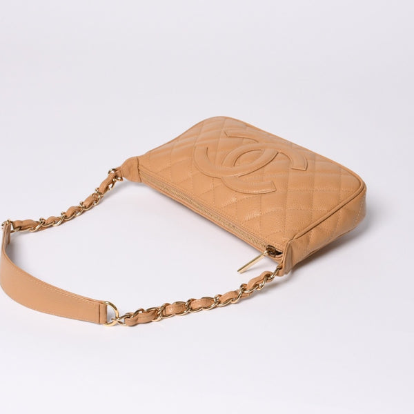 Like new CHANEL Moon Viewing One Shoulder Bag Pouch Caviar Skin No. 9 Beige Used 4a000151