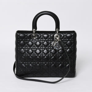 Very Good Condition Christian Dior Lady Dior Large Cannage 2WAY Handbag Black Leather Silver Hardware Used 4a000167