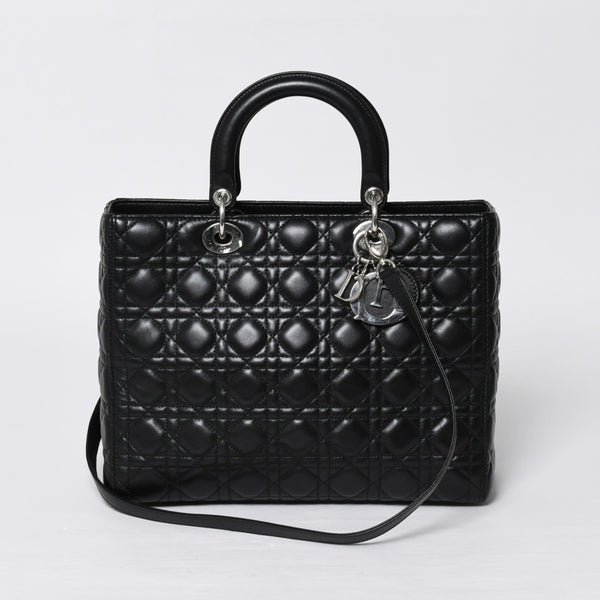 Very Good Condition Christian Dior Lady Dior Large Cannage 2WAY Handbag Black Leather Silver Hardware Used 4a000167