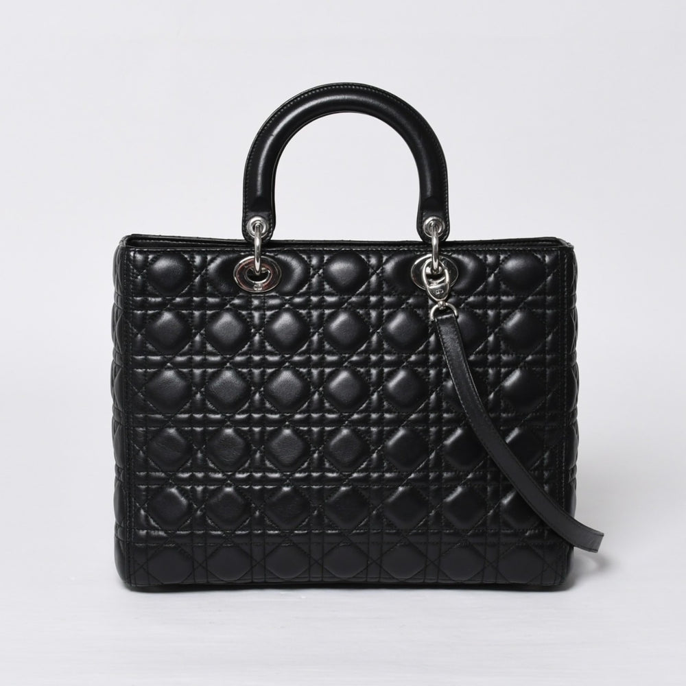 Very Good Condition Christian Dior Lady Dior Large Cannage 2WAY Handbag Black Leather Silver Hardware Used 4a000167