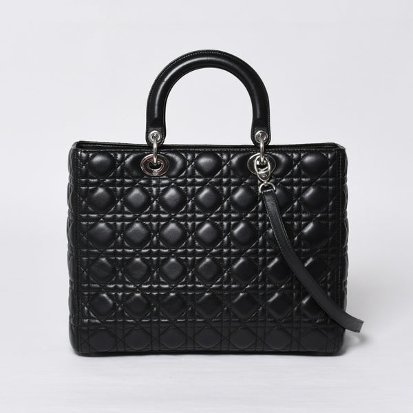 Very Good Condition Christian Dior Lady Dior Large Cannage 2WAY Handbag Black Leather Silver Hardware Used 4a000167