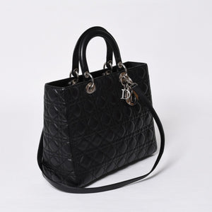 Very Good Condition Christian Dior Lady Dior Large Cannage 2WAY Handbag Black Leather Silver Hardware Used 4a000167
