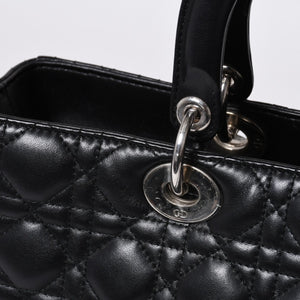 Very Good Condition Christian Dior Lady Dior Large Cannage 2WAY Handbag Black Leather Silver Hardware Used 4a000167