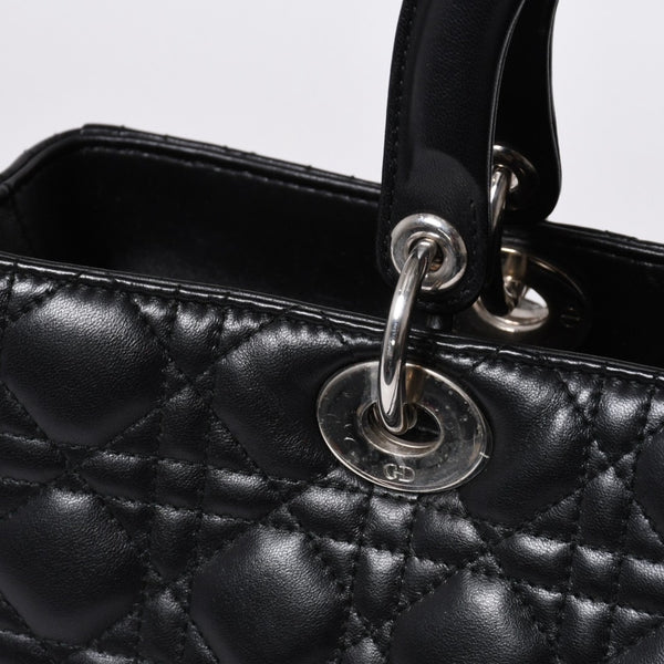 Very Good Condition Christian Dior Lady Dior Large Cannage 2WAY Handbag Black Leather Silver Hardware Used 4a000167