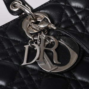 Very Good Condition Christian Dior Lady Dior Large Cannage 2WAY Handbag Black Leather Silver Hardware Used 4a000167