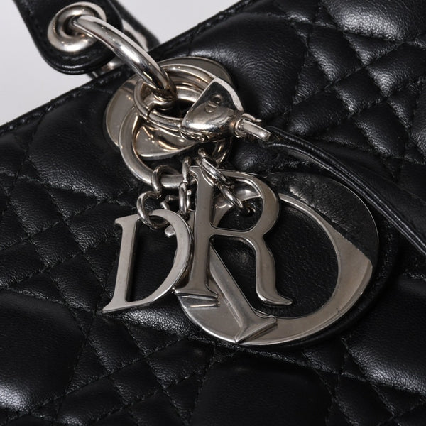 Very Good Condition Christian Dior Lady Dior Large Cannage 2WAY Handbag Black Leather Silver Hardware Used 4a000167