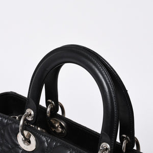 Very Good Condition Christian Dior Lady Dior Large Cannage 2WAY Handbag Black Leather Silver Hardware Used 4a000167