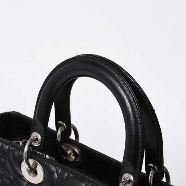 Very Good Condition Christian Dior Lady Dior Large Cannage 2WAY Handbag Black Leather Silver Hardware Used 4a000167