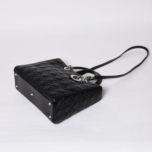 Very Good Condition Christian Dior Lady Dior Large Cannage 2WAY Handbag Black Leather Silver Hardware Used 4a000167