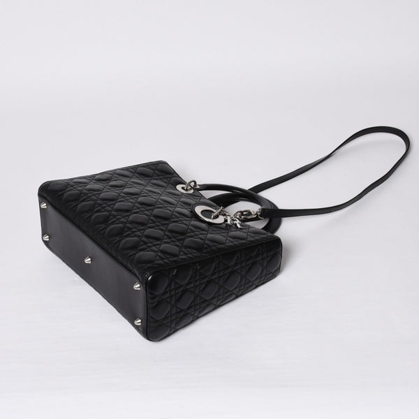 Very Good Condition Christian Dior Lady Dior Large Cannage 2WAY Handbag Black Leather Silver Hardware Used 4a000167