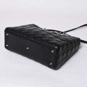 Very Good Condition Christian Dior Lady Dior Large Cannage 2WAY Handbag Black Leather Silver Hardware Used 4a000167