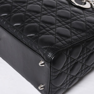 Very Good Condition Christian Dior Lady Dior Large Cannage 2WAY Handbag Black Leather Silver Hardware Used 4a000167